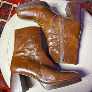 L’intervalle Brown Leather Ankle Boots Chunky Heel